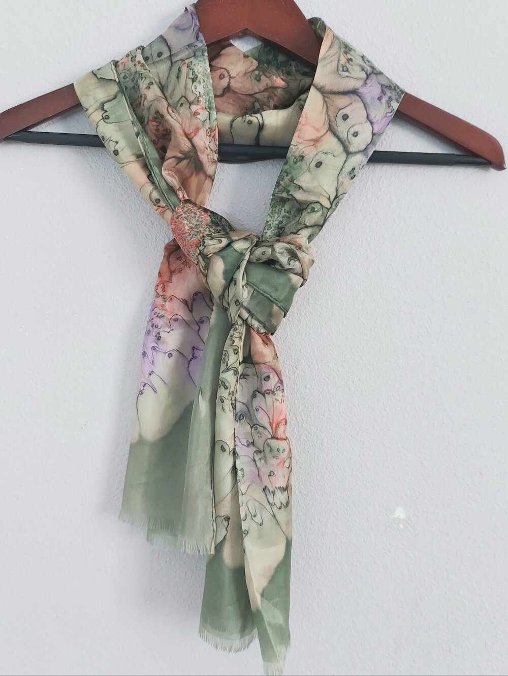 Gayamee Paris Silk Floral Watercolor Art Handrolled Hem Scarf 17"x61"